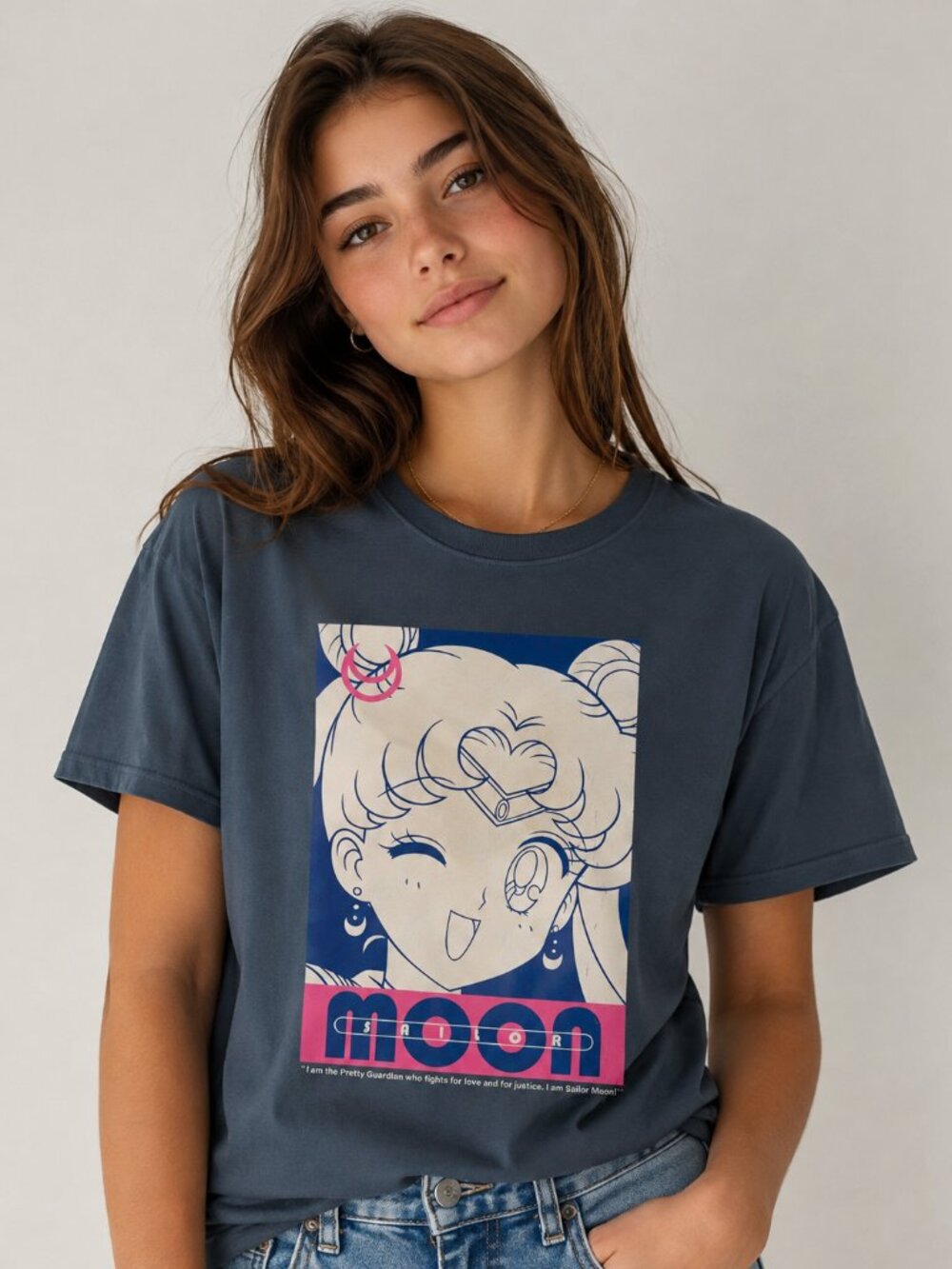 Sailor Moon Pretty Guardian Graphic T-Shirt Unisex Size S Blue Gray Anime Tee